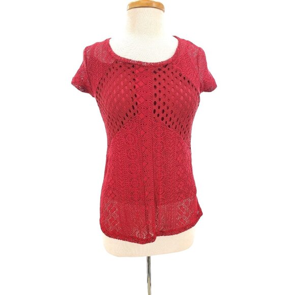 INC Shirt Lace Red Crochet Openwork Mesh Cutout Top Attached Cami Undershirt PS - Picture 1 of 7